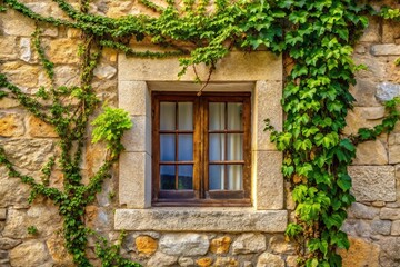 Picturesque window framed with rectangular stone exterior vine hanging down High Angle
