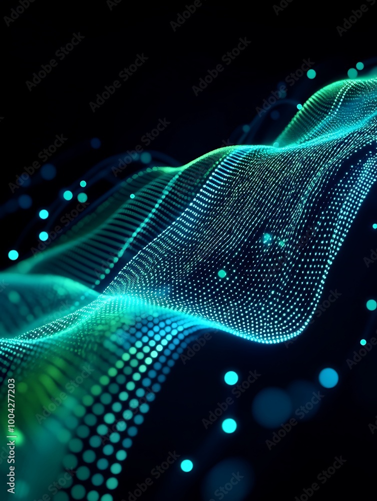 Poster abstract digital wave with glowing dots, representing data flow and connectivity on a dark backgroun