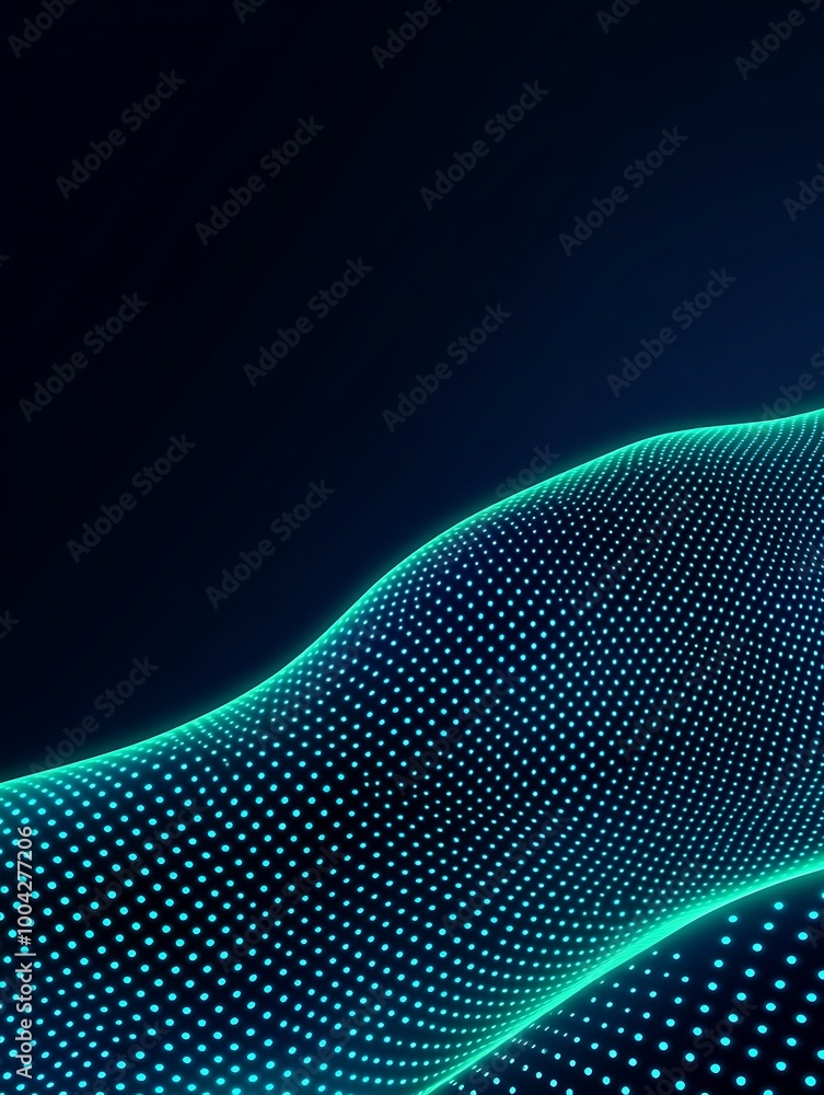 Poster abstract digital wave with glowing dots, creating a sense of motion and depth against a dark backgro