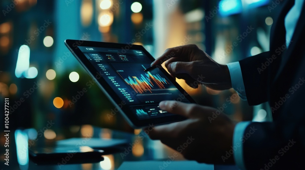 Poster a person analyzing data on a tablet with financial graphs in a modern setting.