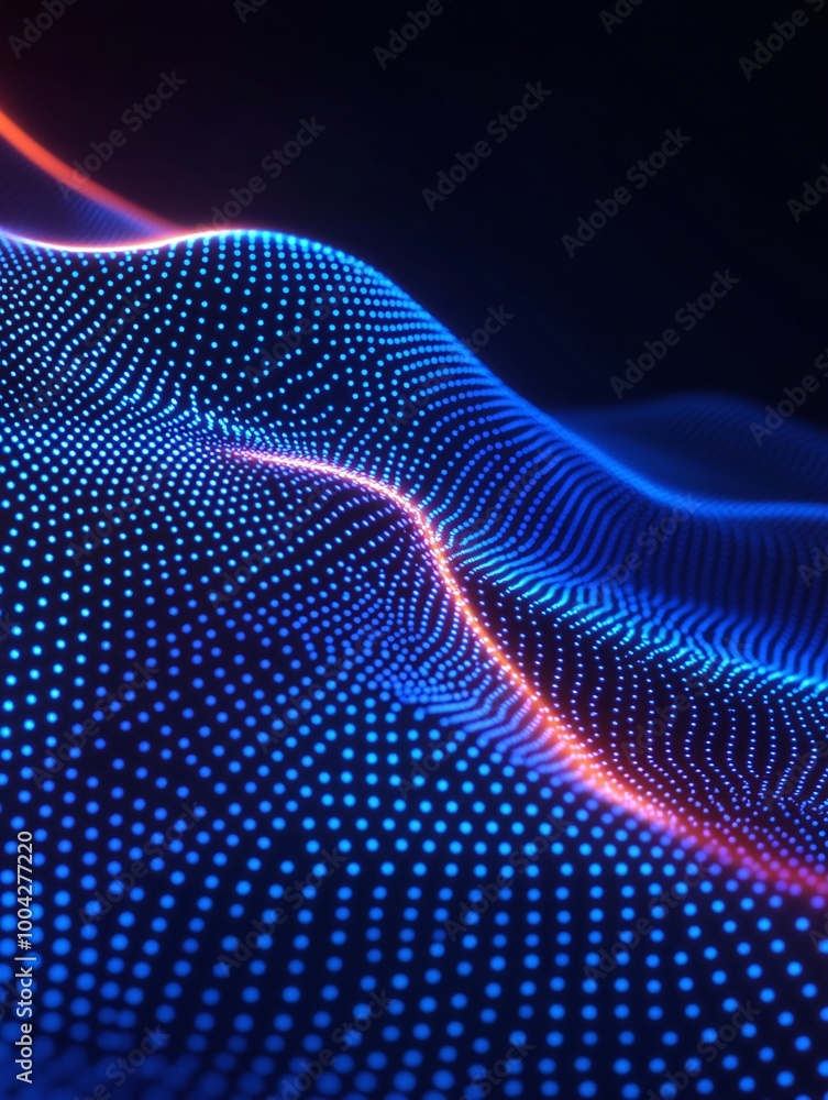 Poster abstract digital wave with glowing dots, blue and red colors, creating a futuristic and vibrant visu