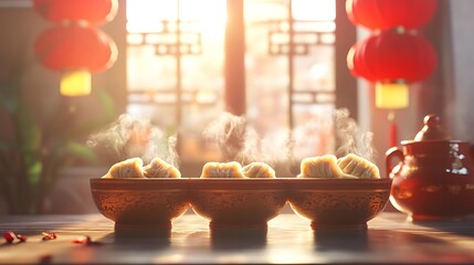 Obraz premium Steaming dumplings in bowls on a wooden table with red lanterns and a teapot in the background.