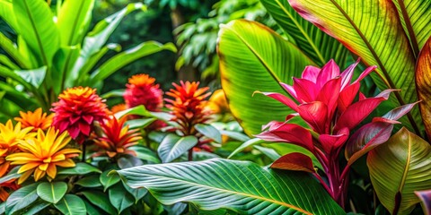 Vibrant tropical flowers and lush green foliage, nature's beauty.
