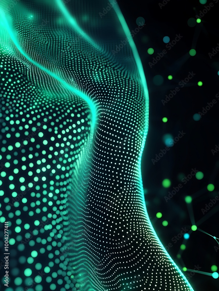Poster abstract digital wave with glowing particles and network connections on a dark background.