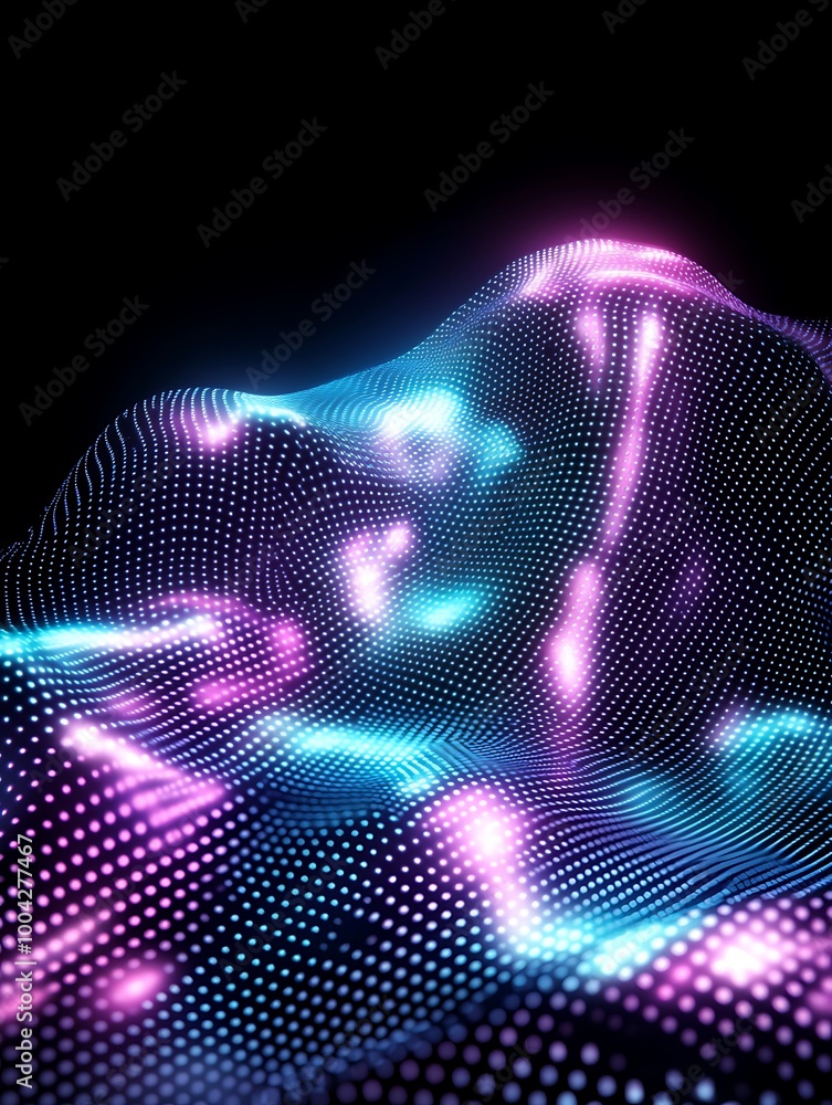 Poster abstract digital wave with glowing neon lights on a dark background. a minimalist poster in metallic