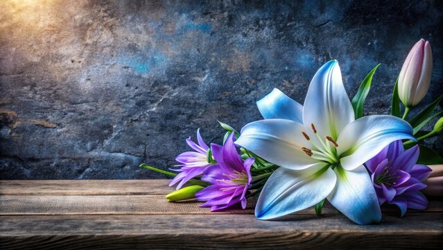 Elegant Lilac Blue Funeral Wake Order of Service Template with Lily on Rustic Stone Background