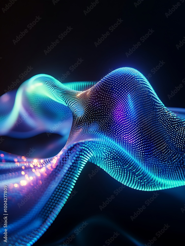 Poster abstract digital wave with vibrant colors and glowing particles against a dark background. a minimal