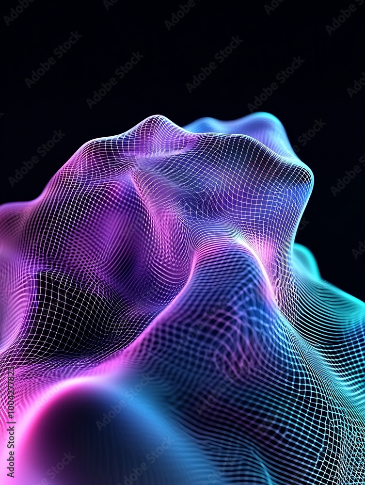 Poster Abstract digital wave with vibrant colors and intricate mesh structure, creating a stunning visual effect. A minimalist poster in metallic and chrome gradient style.