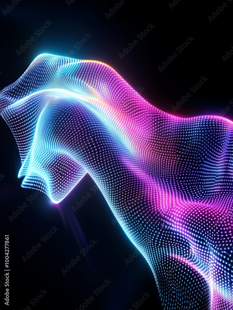 Poster abstract digital wave with vibrant colors, creating a dynamic visual effect on a dark background. a 