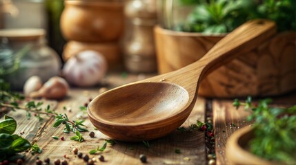 Rustic wooden spoon with fresh herbs and ingredients on rustic wooden table