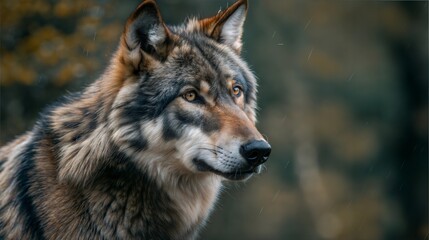 Fototapeta premium Captivating portrait of a lone wolf in a rainy forest setting