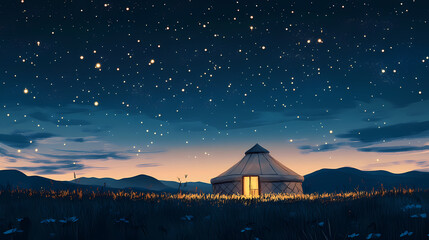 A yurt is lit up under the stars. Mongolian Yurt. Illustration