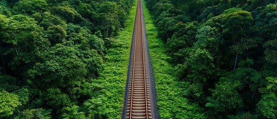 Aerial View of Railway Cutting Through Dense Forest Illustrating Man vs Nature Drone Perspective