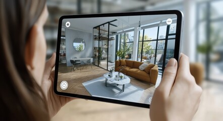 A person is holding an iPad with the camera facing outward, showcasing augmented reality AR technology in action. 