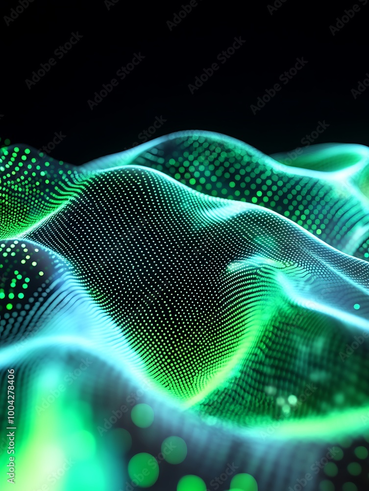 Aufkleber abstract digital waveforms with vibrant green and blue colors on a dark background, creating a futur