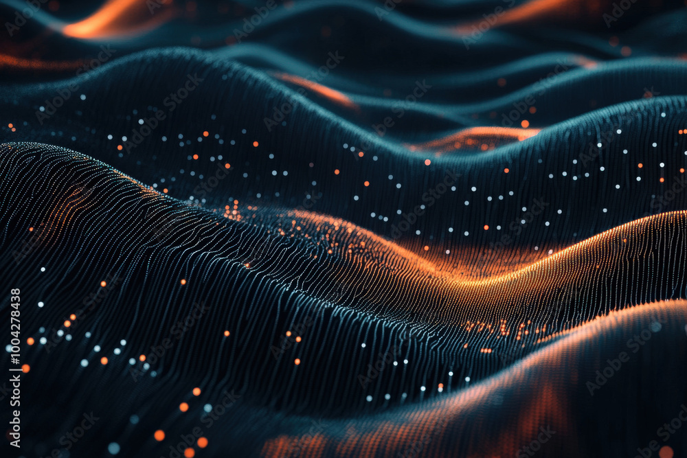 Poster vibrant waves of light and texture create a mesmerizing landscape in a dark digital realm during the