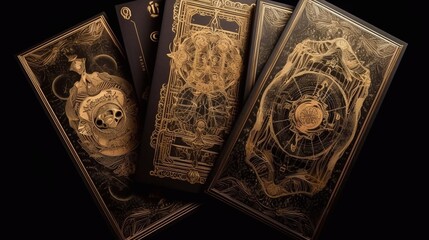 Tarot cards with mystical patterns on a black background


