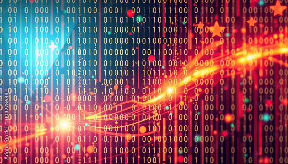 Aufkleber digital binary code 1 and 0 technology background with glowing orange energy wave