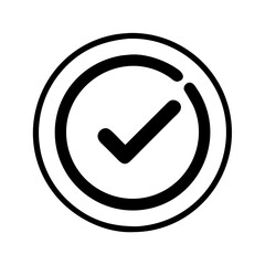 Black and white check mark icon in simple circle design, simple monochrome vector