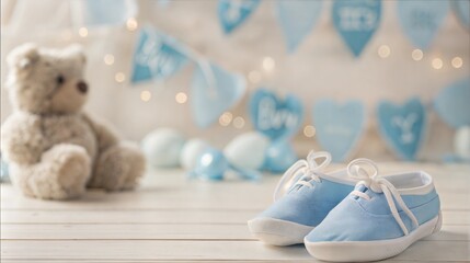 Baby boy shoes with teddy bear and blue decorations for baby shower celebration
