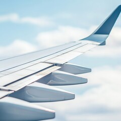 A close-up view of an airplane wing against a bright blue sky, capturing the details of the wing and the vast clouds below. Ideal for travel and aviation related themes.