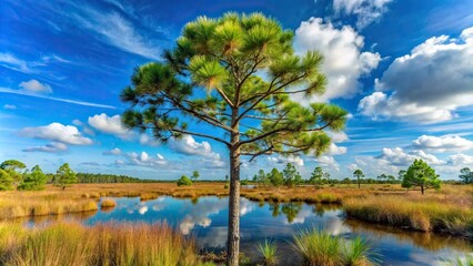 Pine tree in South West Florida marsh nature reserve with blue sky