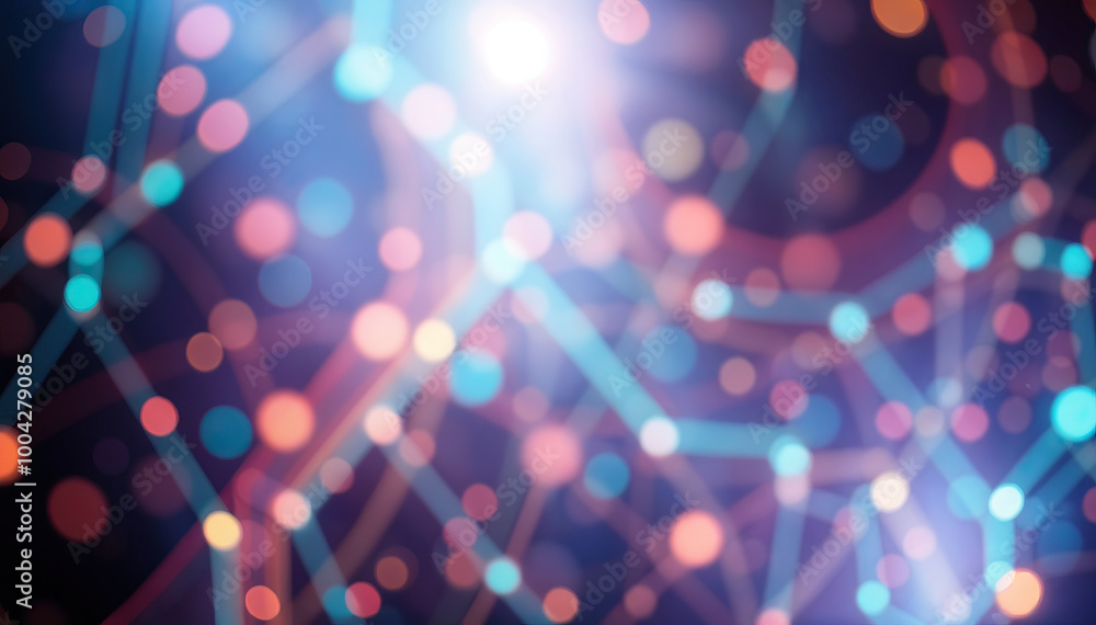 Poster vibrant abstract network circuit blurred bokeh lights with interconnected lines on dark background technology tech