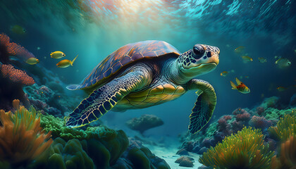Fototapeta premium Turtle swimming underwater, underwater world