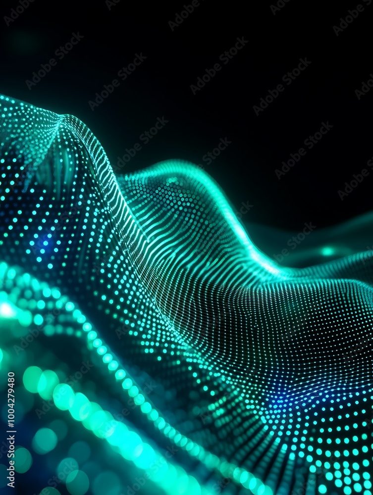 Poster abstract digital waves with glowing dots on a dark background, creating a futuristic and vibrant atm
