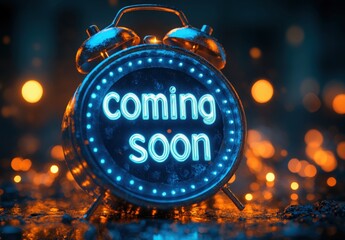 A vibrant blue alarm clock displaying coming soon text against a glowing background