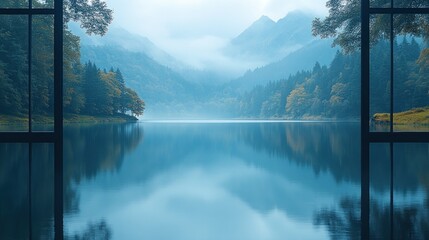 Serene mountain lake view framed by a window, evoking tranquility.