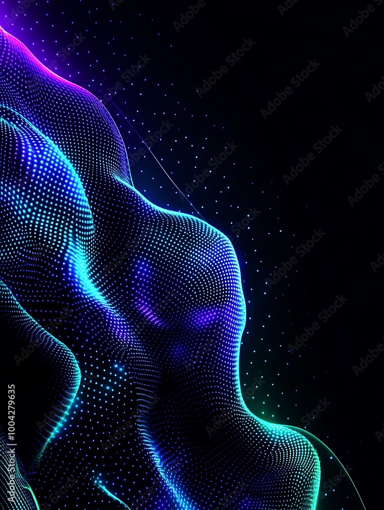 Poster abstract digital waves with neon colors on a dark background, creating a mesmerizing visual effect. 