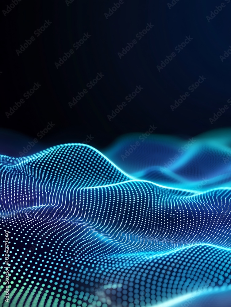 Poster abstract digital waves with neon lines on a dark background, representing data flow and connectivity