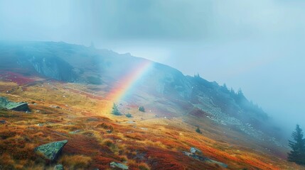 Majestic Rainbow Over Misty Autumn Mountain Landscape
