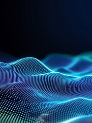 Abstract digital waves with neon lines on a dark background, representing data flow and connectivity. A minimalist poster in metallic and chrome gradient style.