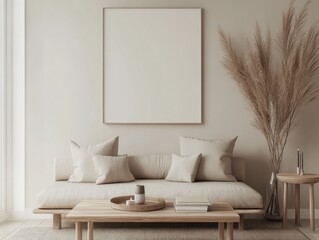 A white couch with pillows and a white framed picture on the wall