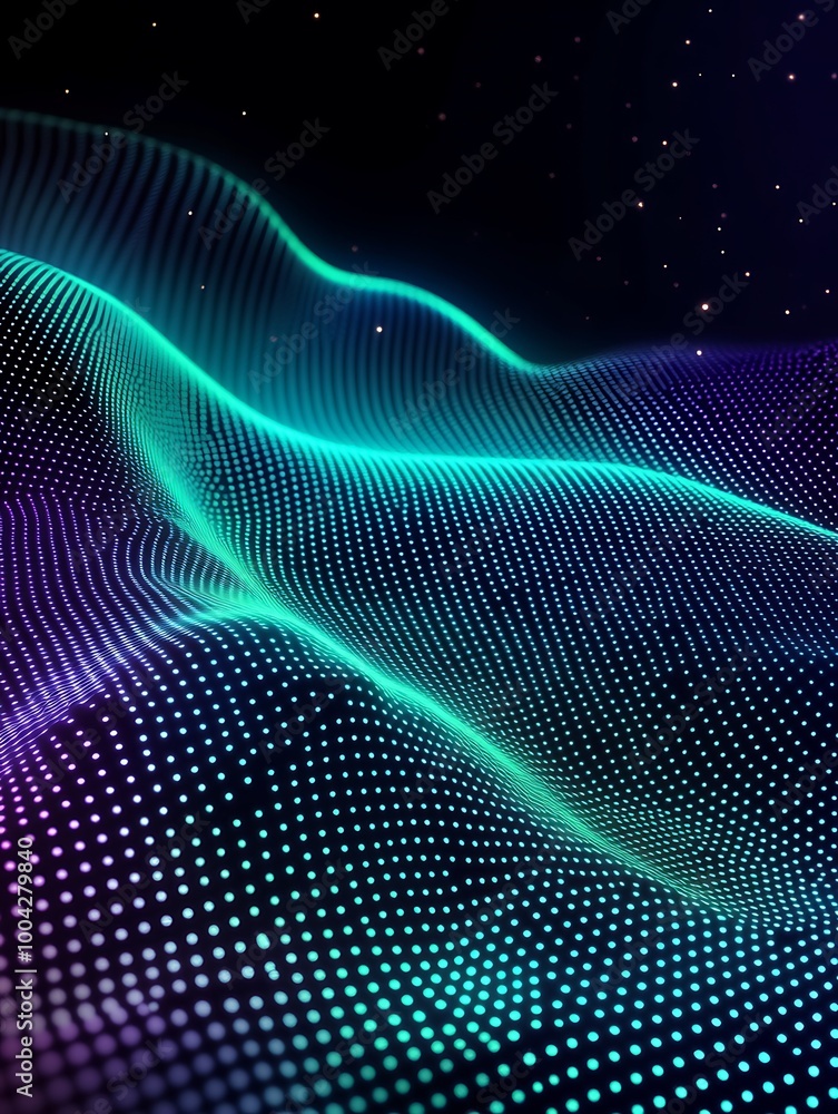 Poster abstract digital waves with vibrant colors creating a dynamic visual effect on a dark background. a 