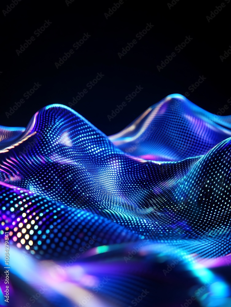 Poster abstract digital waves with vibrant colors creating a mesmerizing effect on a dark background. a min