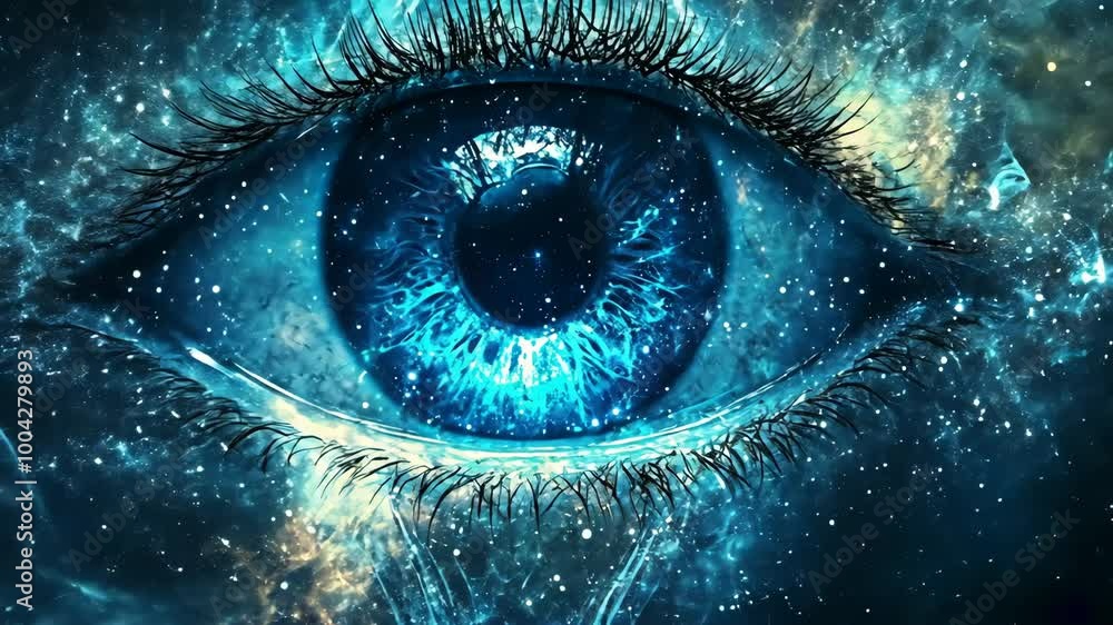 Poster a close-up view of a blue eye with galaxy-like patterns in the iris