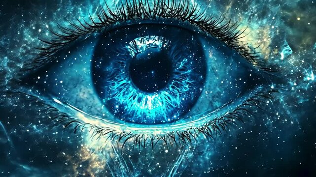 A close-up view of a blue eye with galaxy-like patterns in the iris