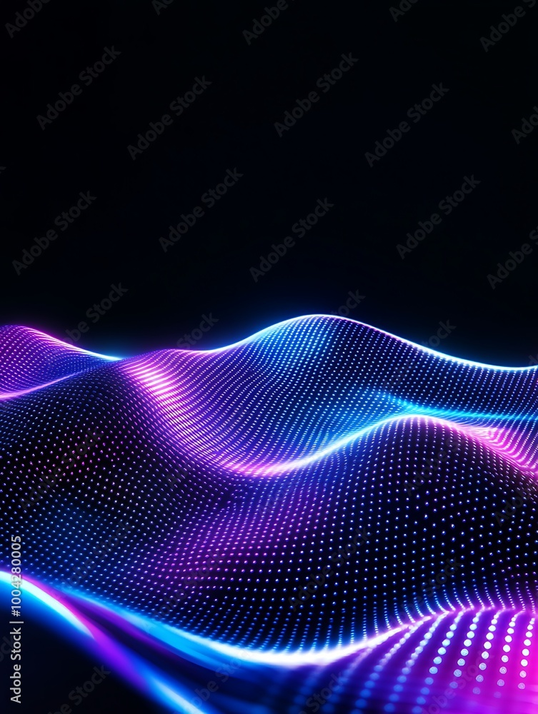 Poster abstract digital waves with vibrant pink and blue hues on a dark background, creating a futuristic, 