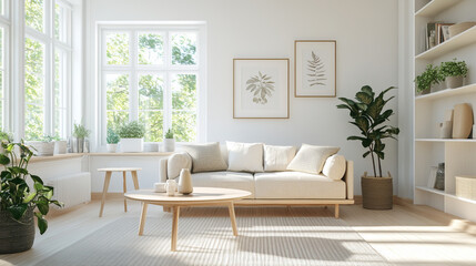 A bright and airy living room featuring cozy white sofa, stylish coffee table, and lush indoor plants. large windows allow natural light to fill space, creating serene atmosphere