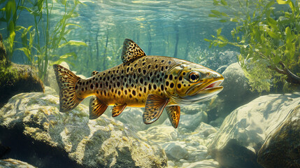 Fototapeta premium A spotted trout swimming in a crystal-clear stream