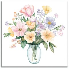 Obraz premium A beautiful bouquet of pastel flowers arranged in a clear vase.