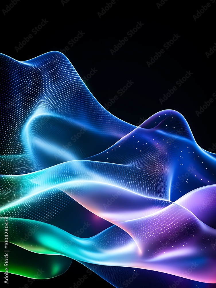 Poster abstract flowing light waves in vibrant colors on a dark background. a minimalist poster in metallic