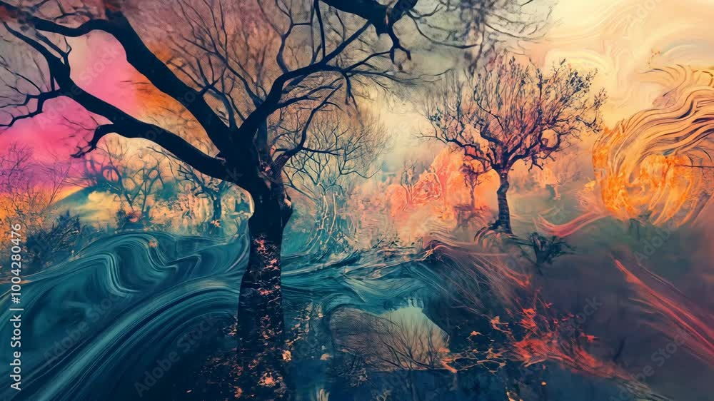 Poster a colorful and surreal forest with abstract trees and swirling patterns
