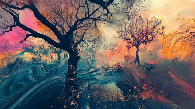 A colorful and surreal forest with abstract trees and swirling patterns