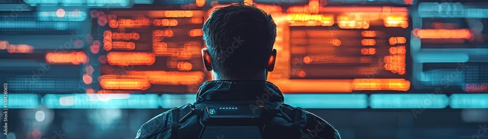 Aufkleber a figure faces a glowing screen filled with data, surrounded by a futuristic setting that suggests t