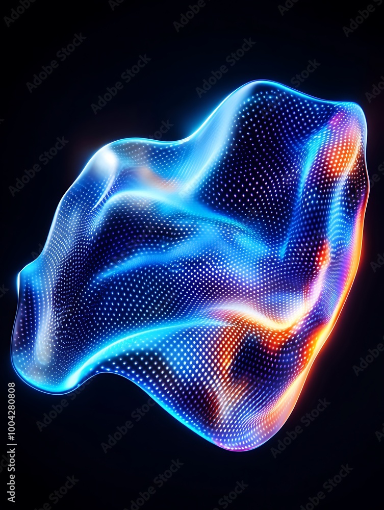 Poster abstract flowing shape with glowing blue and orange lights on a dark background. a minimalist poster