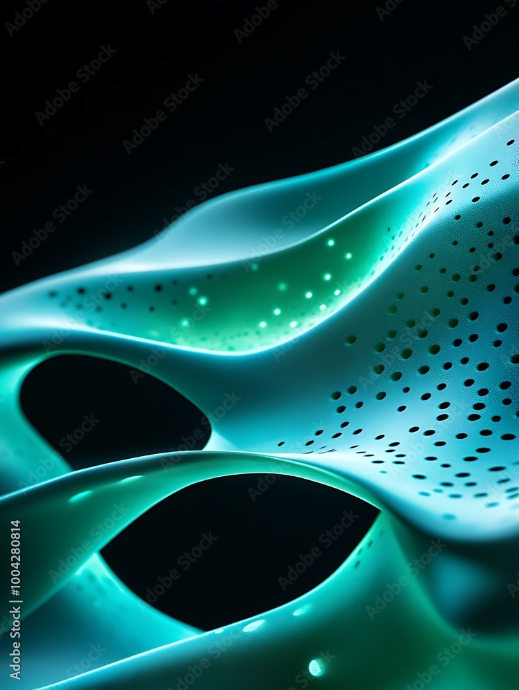 Poster abstract flowing shapes illuminated in vibrant teal and black colors create a dynamic visual experie